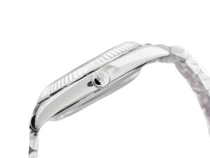 Day-Date 40 White Gold 'President' watch with a side view highlighting the fluted bezel and polished silver finish.