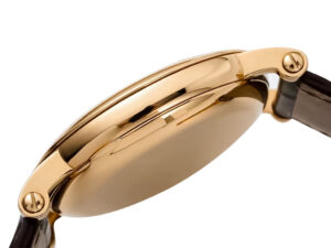 Side view of the Calatrava Yellow Gold watch case, showcasing its polished finish and profile with a black leather strap.