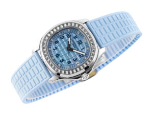 Aquanaut Luce Stainless Steel Diamond Blue watch with light blue strap, diamond-encrusted bezel, and patterned blue dial.