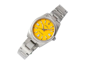 Oyster Perpetual 41 Stainless Steel watch with a vibrant yellow dial, sleek metallic bracelet, and silver hour markers.