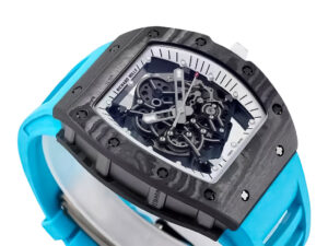 RM055 Bubba Watson watch with white dial, black bezel, blue rubber strap, and skeletonized movement (49mm).
