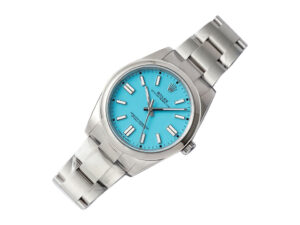 Oyster Perpetual 41 Stainless Steel watch with blue turquoise 'Tiffany' dial, featuring a sleek and polished design.