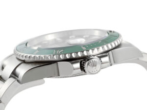 Side view of the Submariner Date Stainless Steel 'Starbucks' (41mm) showing green bezel, crown detail, stainless steel case.