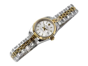 Lady-Datejust 28 Two Tone Yellow Gold on Jubilee bracelet with Silver Dial and Fluted Bezel displayed at an angle.