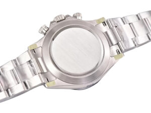 Back view of Cosmograph Daytona Stainless Steel with White Dial, showcasing polished stainless steel case bracelet clasp.