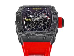 RM 35-02 Rafa watch with black bezel, red markers, visible intricate mechanics, and a bold red rubber strap (49mm).