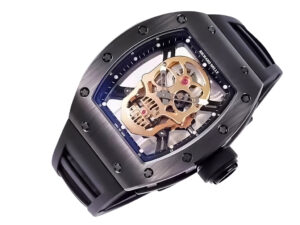 RM 52-01 Skull watch with black dial, black bezel, black rubber strap, and visible rose gold skull motif tourbillon (50mm).