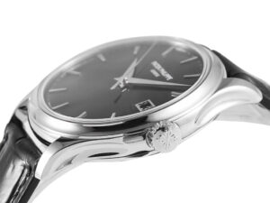 Calatrava Stainless Steel with Black Dial (39mm) watch featuring a sleek design, polished case, and leather strap.
