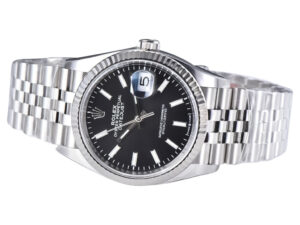 Datejust 36 Stainless Steel on Jubilee bracelet with black dial, fluted bezel, and Cyclops lens over the date display.