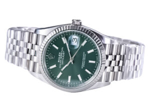 Datejust 36 Stainless Steel watch on Jubilee bracelet with mint green dial and fluted bezel, showcasing classic elegance.