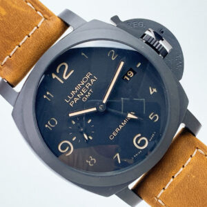 Luminor 1950 3 Days GMT Automatic Ceramica watch with black dial, beige markers, and brown strap (44mm).