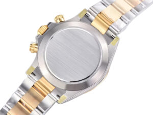 Back view of Cosmograph Daytona Two Tone Yellow Gold & Steel watch featuring a stainless steel and yellow gold bracelet.