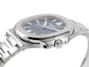 Nautilus Stainless Steel '40th Anniversary' watch with a 40mm case and blue dial, showcasing sleek design and craftsmanship.