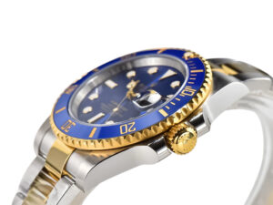 Submariner Date 'Two Tone' watch with yellow gold, stainless steel accents, and a blue dial displayed at an angle.