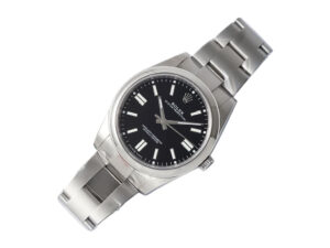 Stainless steel Oyster Perpetual 41 watch with black dial, silver hour markers, and polished bracelet displayed at an angle.