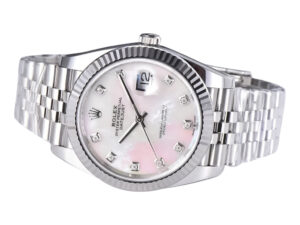 Datejust 41 Stainless Steel on Jubilee bracelet with Diamond Mother of Pearl Dial and Fluted Bezel, showcased at an angle.