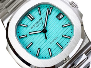 Nautilus Stainless Steel 'Tiffany' 40mm watch with Tiffany Blue dial, silver case, date display, stainless steel bracelet.