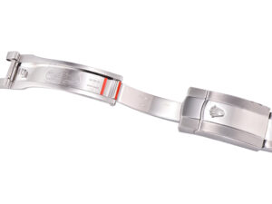 Close-up of the Datejust 41 Stainless Steel Oyster bracelet clasp, showcasing its polished finish and engraved details.