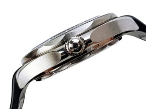 Side view of the Seamaster Diver 300 'James Bond' 42mm watch on rubber strap, showcasing its stainless steel case and crown.