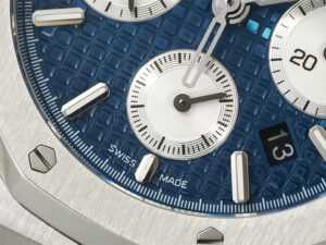 Close-up of the Royal Oak Chronograph Stainless Steel 41mm with blue dial, showing detailed date window and subdials.