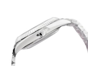 Side view of the Day-Date 40 White Gold 'President' watch with a fluted bezel and polished bracelet links.