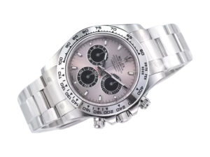 Cosmograph Daytona stainless steel watch with grey sunburst dial, black sub-dials, and a polished silver bracelet.