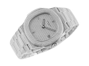Nautilus Stainless Steel 'Iced Out' watch (40mm) featuring a fully encrusted design with diamonds and sleek silver details.