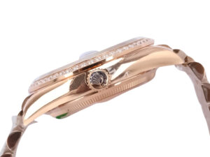 Side view of the Day-Date 36 Rose Gold ‘President’ watch showcasing its diamond bezel and iconic crown logo on the case.