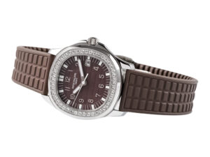 Aquanaut Luce Stainless Steel Diamond Brown watch with a brown textured strap, diamond-encrusted bezel, and brown dial.