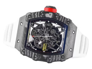 RM 35-02 Rafa watch with black bezel, red markers, and white rubber strap (49mm), showcasing intricate skeletonized dial design.