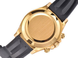 Back view of the Cosmograph Daytona Yellow Gold Oysterflex watch, showcasing its gold case and black strap.