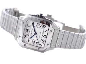 Santos Medium Stainless Steel watch with white dial, 35mm size, Roman numerals, and stainless steel bracelet.
