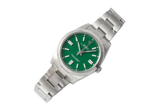 Oyster Perpetual 41 stainless steel watch featuring a vibrant green dial and sleek bracelet, displayed at an angle.