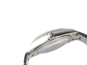 Side view of the Oyster Perpetual 41 stainless steel watch, showcasing its polished casing and embossed crown emblem.