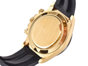 Back view of Cosmograph Daytona Yellow Gold Oysterflex, showcasing its polished gold case and black rubber strap.
