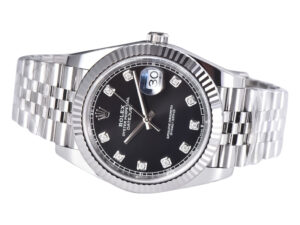 Datejust 41 Stainless Steel on Jubilee bracelet with black diamond dial, fluted bezel, and date display at 3 o'clock.