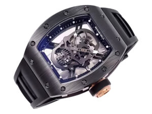 RM 52-01 Skull with black dial, rose gold bezel, black rubber strap, and visible tourbillon mechanism (50mm).