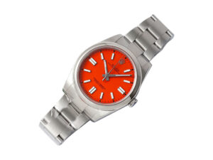 Oyster Perpetual 41 watch in stainless steel with a vibrant red dial, luminous hour markers, and a polished bracelet.