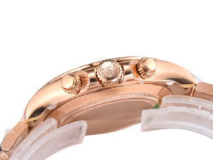 Side view of the Cosmograph Daytona Rose Gold watch showcasing its crown and pushers with a polished finish.