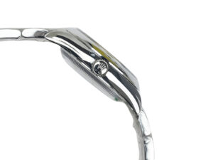 Side view of the Oyster Perpetual 36 Stainless Steel watch, showcasing its polished case and crown with the brand's emblem.