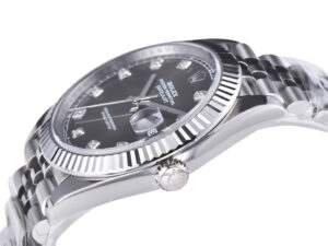Close-up of Datejust 41 Stainless Steel on Jubilee bracelet, featuring a diamond rhodium dial and fluted bezel.