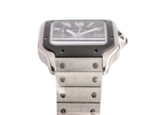 Santos Large Stainless Steel watch with grey dial, grey bezel, and stainless steel bracelet (40mm) showcased close-up.