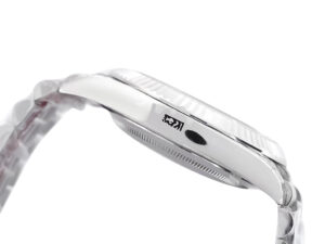 Side view of the Day-Date 40 White Gold 'President' watch with grey dial, fluted bezel, and polished case detailing.