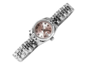 Lady-Datejust 28 stainless steel watch on Jubilee bracelet with pink dial, Roman numerals, and fluted bezel.