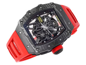 RM 35-02 Rafa watch with black bezel, red markers, skeleton dial, and a red rubber strap, 49mm case.