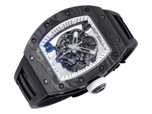 RM055 Bubba Watson watch with white dial, black bezel, and black rubber strap (49mm), featuring a skeletonized design.