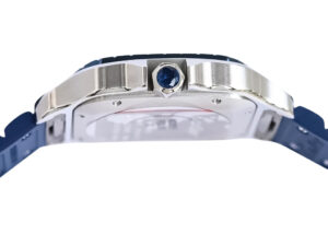 Side view of Santos Large Stainless Steel watch with white dial, blue bezel, and matching blue rubber strap (40mm).