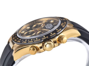 Close-up of Cosmograph Daytona Yellow Gold Oysterflex with Diamond Black Dial, black strap, and gold push buttons on side.