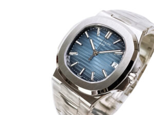 Nautilus Stainless Steel watch with a 40mm case, featuring a blue textured dial, sleek silver hour markers, and date display.