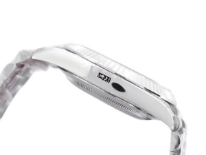 Side view of the Day-Date 40 White Gold 'President' watch featuring a fluted bezel and polished finish on the case.